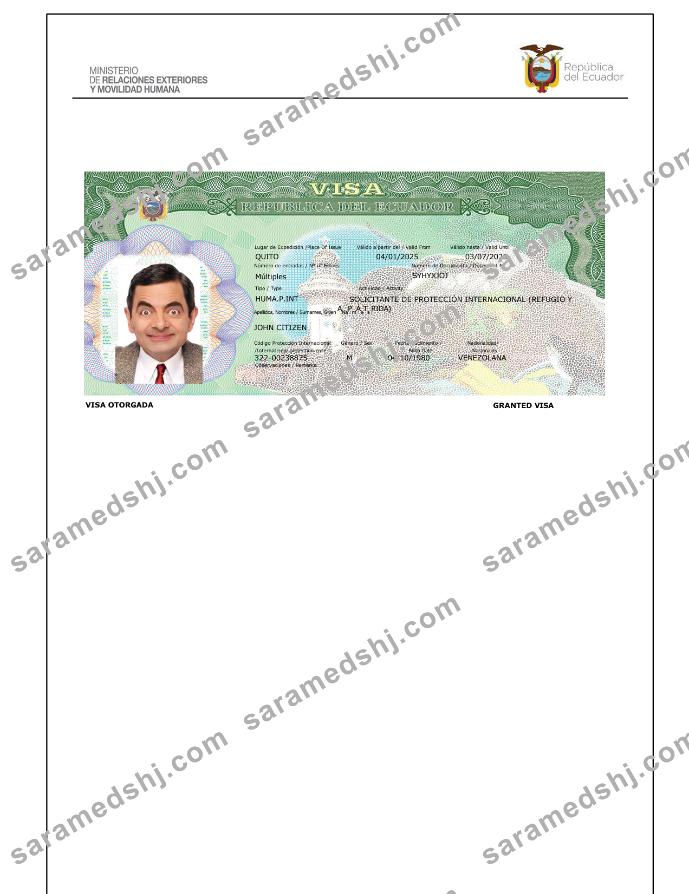 Ecuador travel visa template in Word and PDF formats, version 3